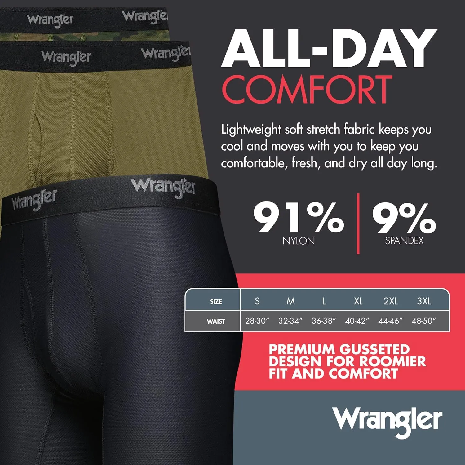 Wrangler Mesh Quick Dry Comfort Stretch Mens Boxer Briefs, Nylon-Spandex Blend, 6-Pack, Moisture-Wicking, Anti-Odor
