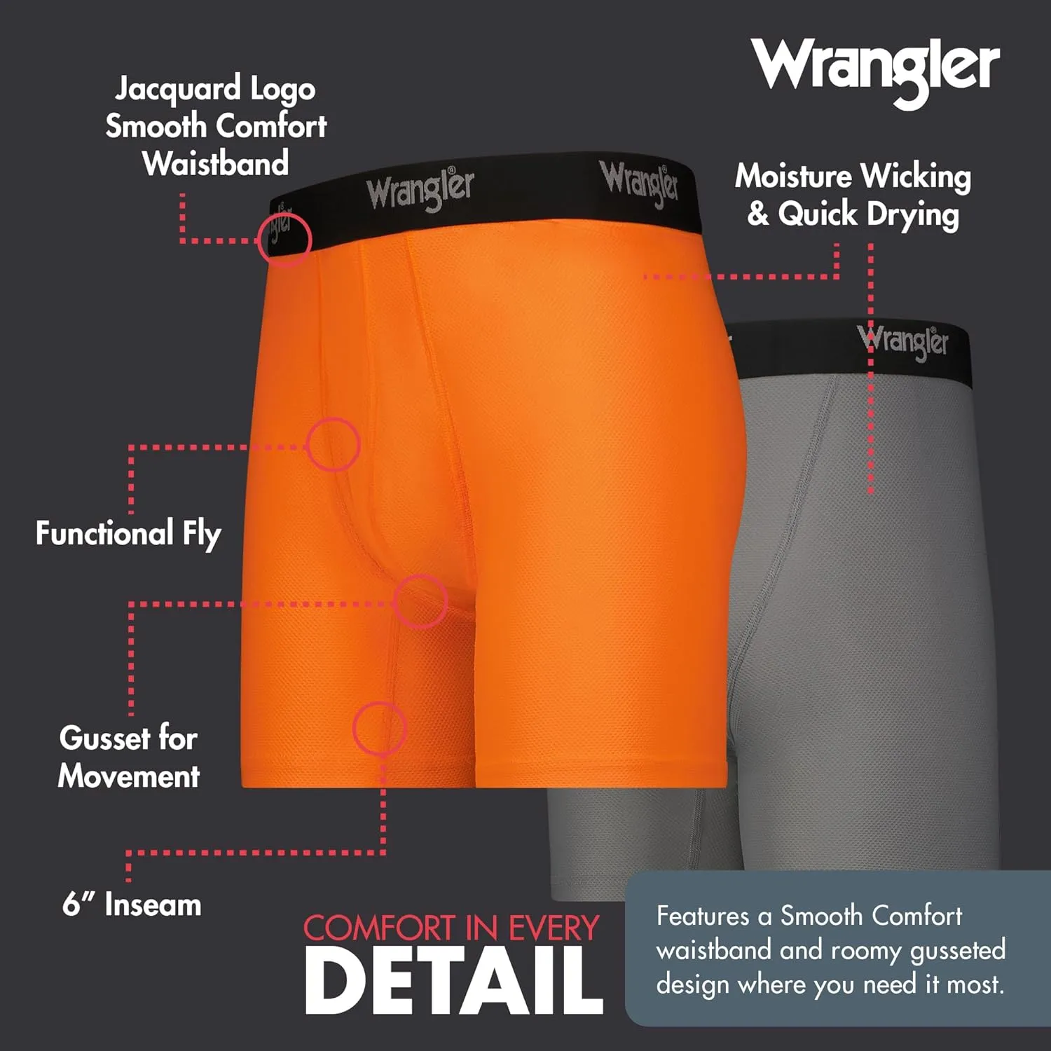 Wrangler Mesh Quick Dry Comfort Stretch Mens Boxer Briefs, Nylon-Spandex Blend, 6-Pack, Moisture-Wicking, Anti-Odor