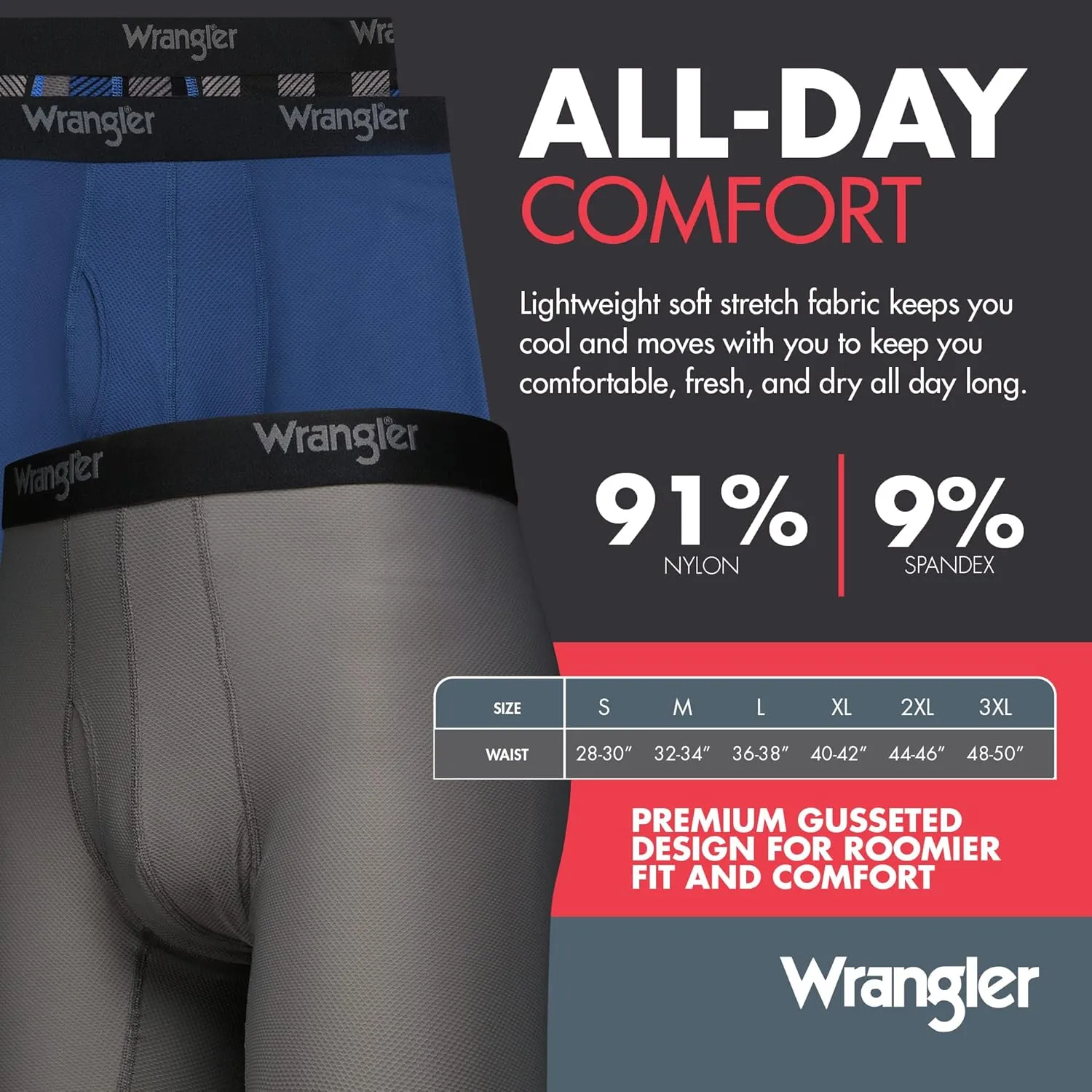 Wrangler Mesh Quick Dry Comfort Stretch Mens Boxer Briefs, Nylon-Spandex Blend, 6-Pack, Moisture-Wicking, Anti-Odor