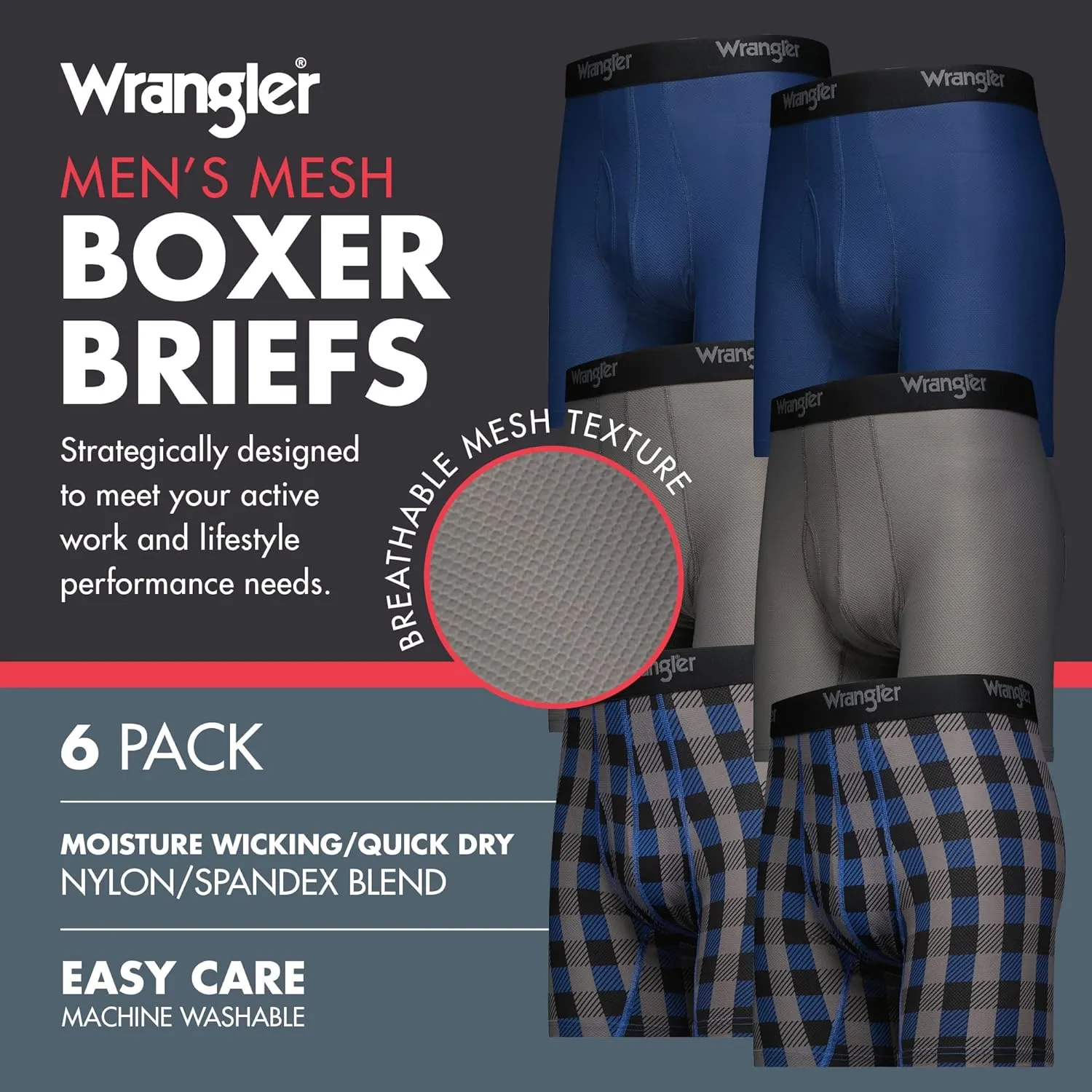 Wrangler Mesh Quick Dry Comfort Stretch Mens Boxer Briefs, Nylon-Spandex Blend, 6-Pack, Moisture-Wicking, Anti-Odor