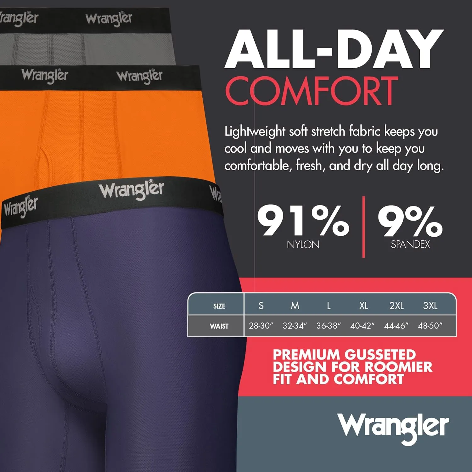 Wrangler Mesh Quick Dry Comfort Stretch Mens Boxer Briefs, Nylon-Spandex Blend, 6-Pack, Moisture-Wicking, Anti-Odor