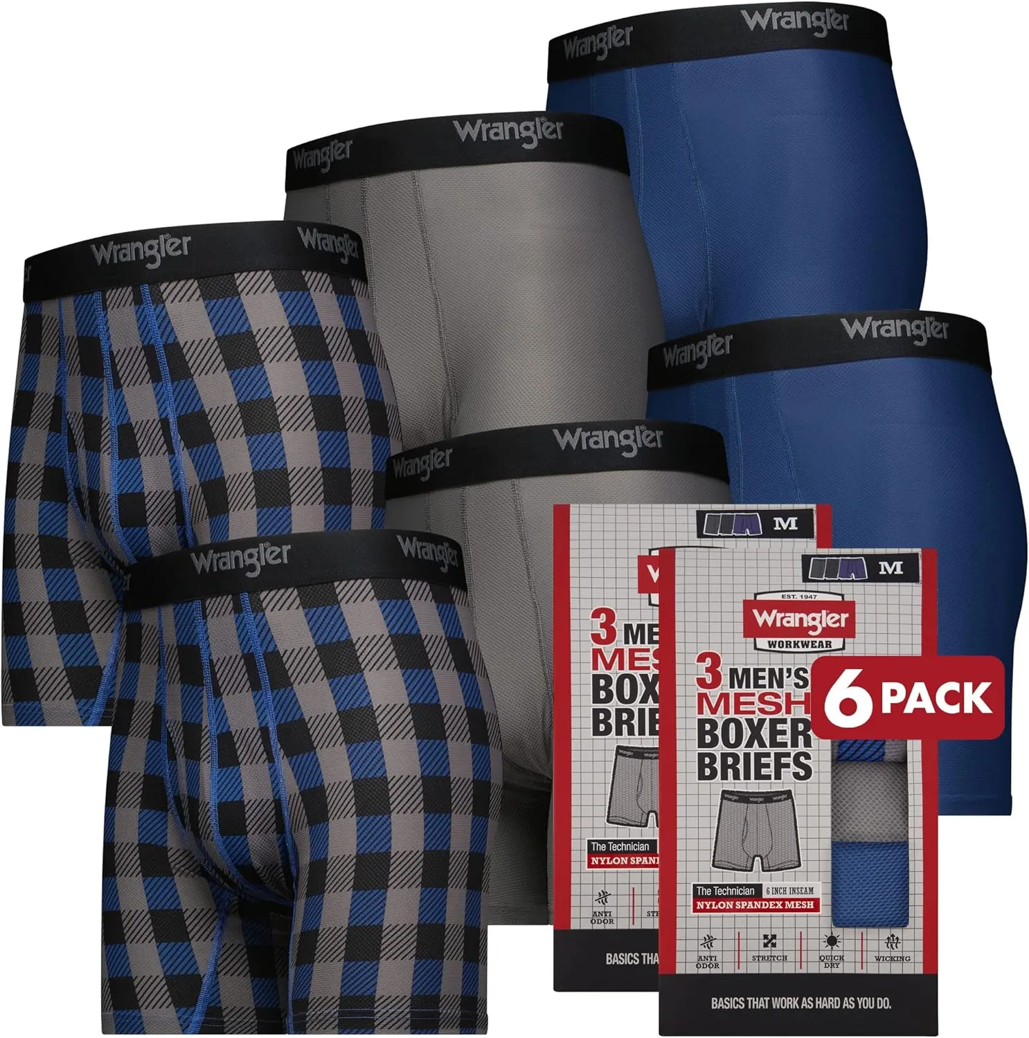 Wrangler Mesh Quick Dry Comfort Stretch Mens Boxer Briefs, Nylon-Spandex Blend, 6-Pack, Moisture-Wicking, Anti-Odor