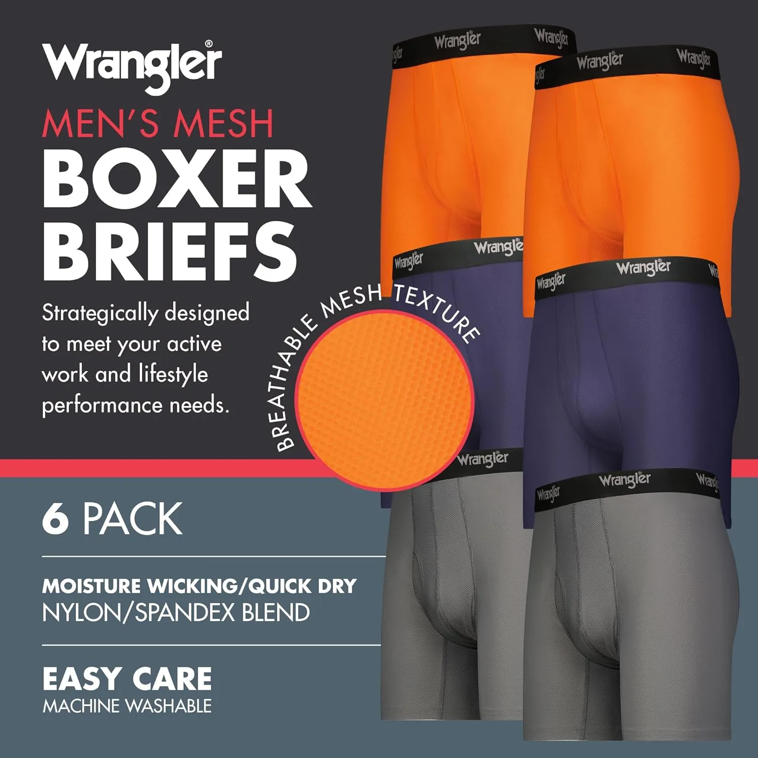 Wrangler Mesh Quick Dry Comfort Stretch Mens Boxer Briefs, Nylon-Spandex Blend, 6-Pack, Moisture-Wicking, Anti-Odor