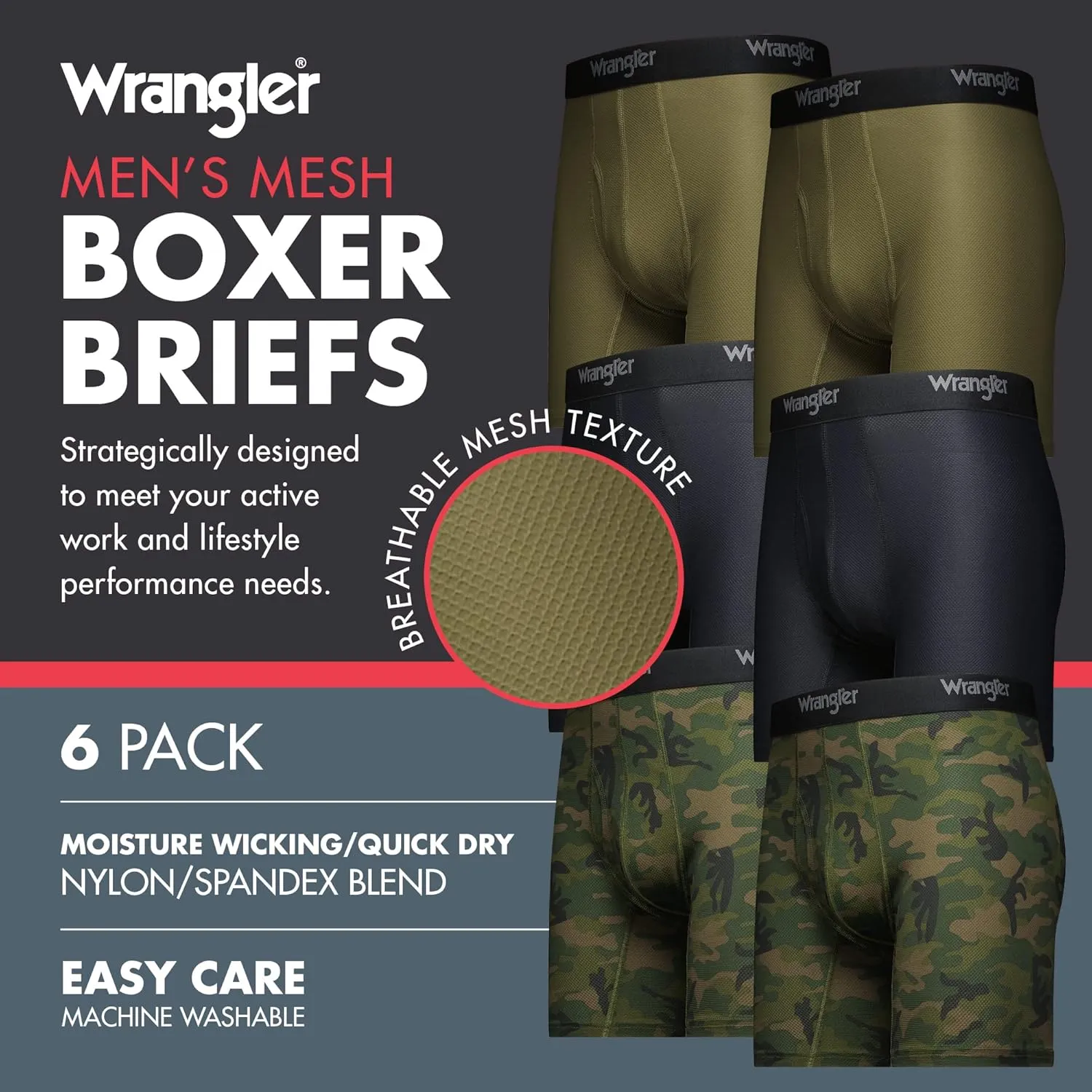 Wrangler Mesh Quick Dry Comfort Stretch Mens Boxer Briefs, Nylon-Spandex Blend, 6-Pack, Moisture-Wicking, Anti-Odor