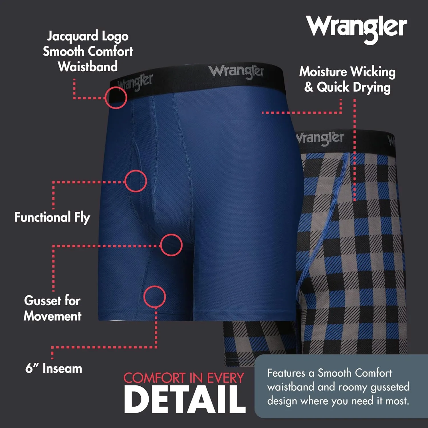 Wrangler Mesh Quick Dry Comfort Stretch Mens Boxer Briefs, Nylon-Spandex Blend, 6-Pack, Moisture-Wicking, Anti-Odor