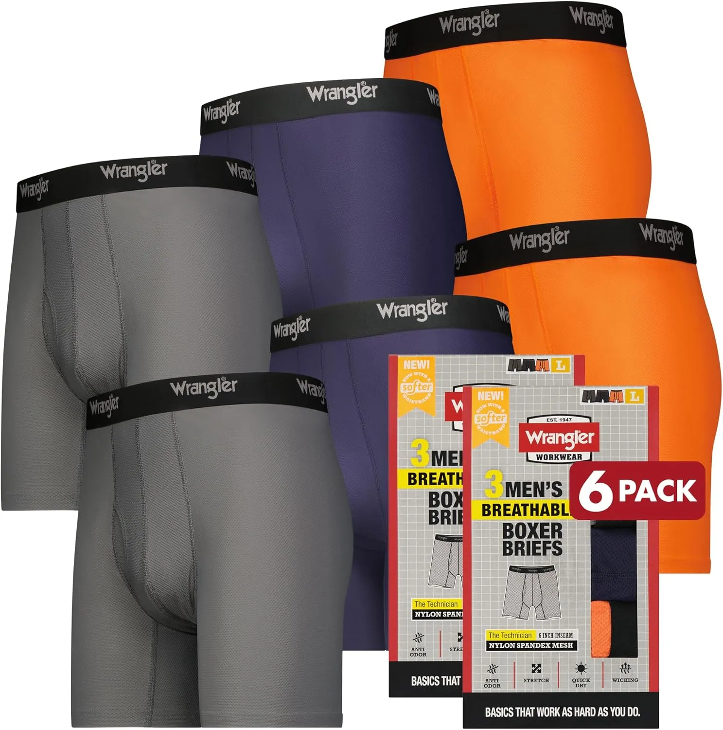 Wrangler Mesh Quick Dry Comfort Stretch Mens Boxer Briefs, Nylon-Spandex Blend, 6-Pack, Moisture-Wicking, Anti-Odor