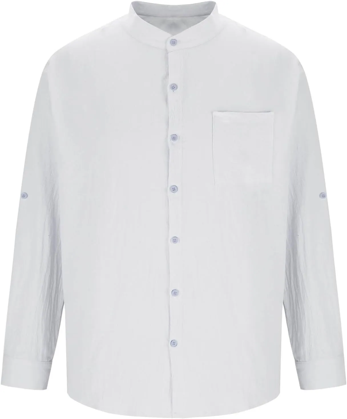 Xiaojmake Mens Casual Long Sleeve Cotton Linen Shirts Buttons Down Solid Plain Roll-Up Sleeve Band Collar Summer Beach Shirt