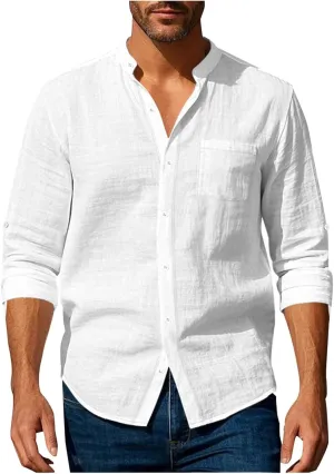 Xiaojmake Mens Casual Long Sleeve Cotton Linen Shirts Buttons Down Solid Plain Roll-Up Sleeve Band Collar Summer Beach Shirt