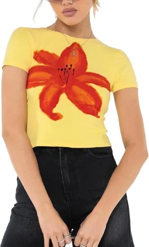 Y2k Baby Tees for Women Short Sleeve Graphic Crop Tops E Girls Cute Flower Print Vintage Aesthetic Shirts