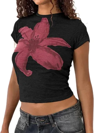 Y2k Baby Tees for Women Short Sleeve Graphic Crop Tops E Girls Cute Flower Print Vintage Aesthetic Shirts