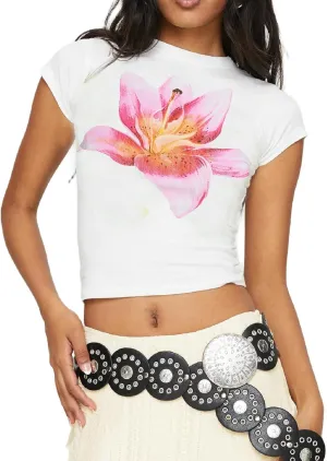 Y2k Baby Tees for Women Short Sleeve Graphic Crop Tops E Girls Cute Flower Print Vintage Aesthetic Shirts