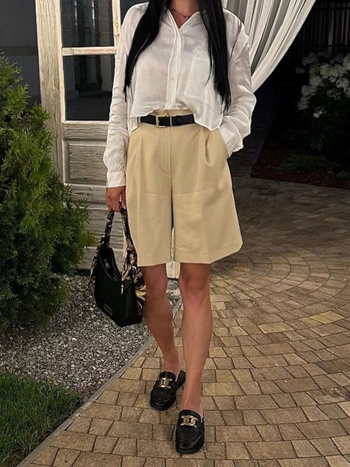 YKR Bermuda Shorts for Women Dressy Elastic High Waisted Knee Length Shorts Casual with Pockets