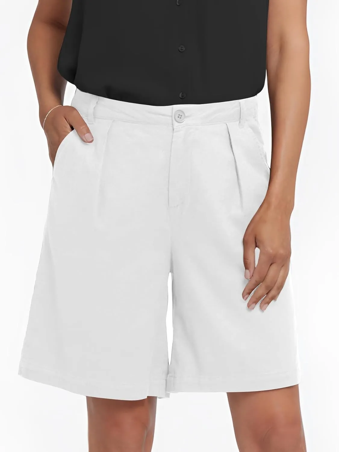 YKR Bermuda Shorts for Women Dressy Elastic High Waisted Knee Length Shorts Casual with Pockets