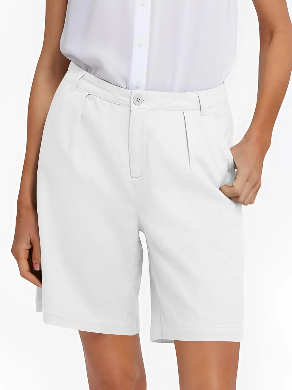 YKR Bermuda Shorts for Women Dressy Elastic High Waisted Knee Length Shorts Casual with Pockets