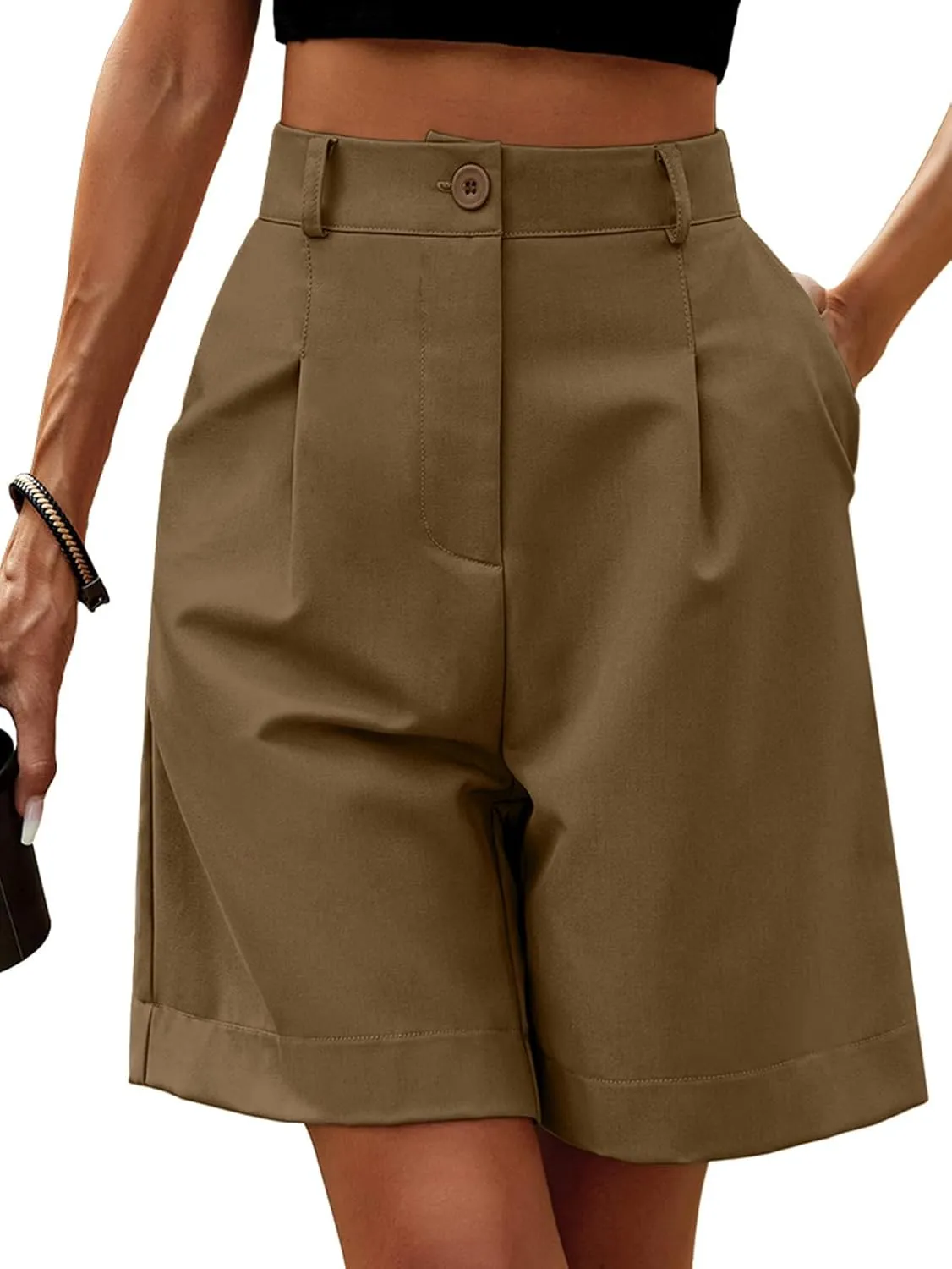 YKR Bermuda Shorts for Women Dressy Elastic High Waisted Knee Length Shorts Casual with Pockets