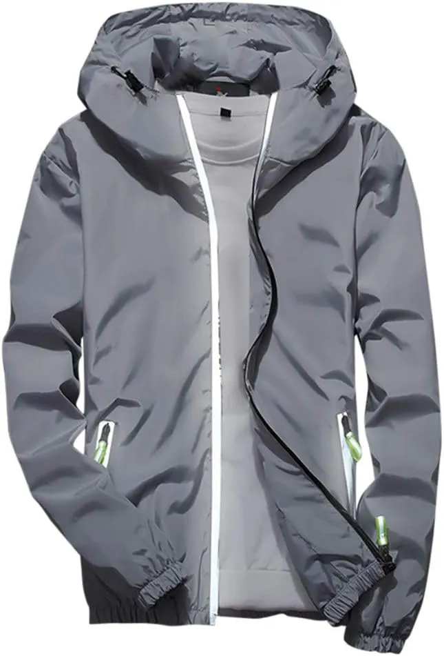 Ymosrh Men's Coats and Jackets Lightweight Windbreaker Casual Refleciton Zip Up Jackets with Hood Rain Jacket, M-7XL