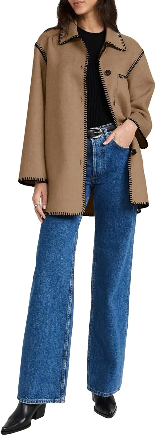 Yousify Women's Fall Winter Jackets 2024 Trendy Warm Mid Length Wool Pea Coat Casual Lapel Plus Size Jackets