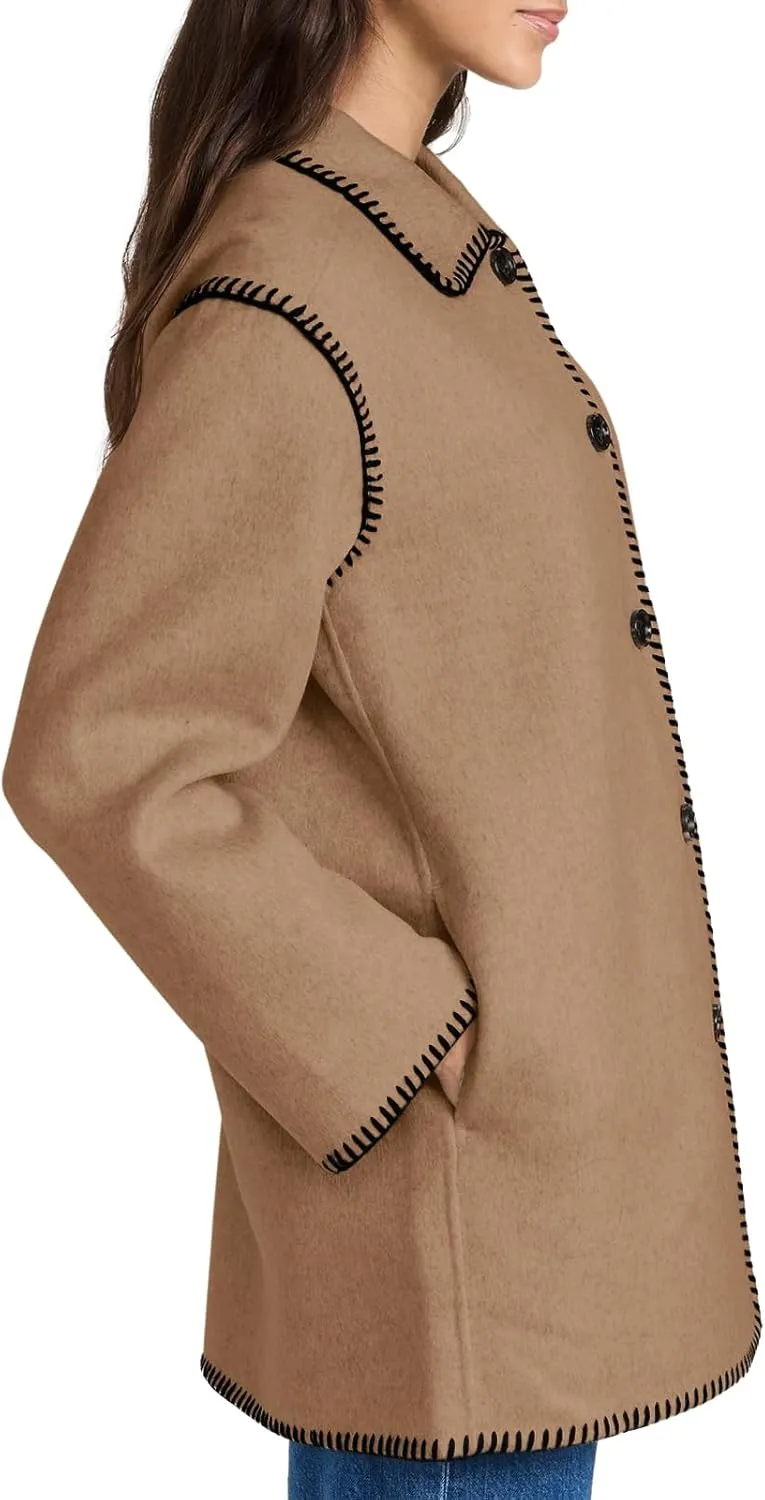 Yousify Women's Fall Winter Jackets 2024 Trendy Warm Mid Length Wool Pea Coat Casual Lapel Plus Size Jackets