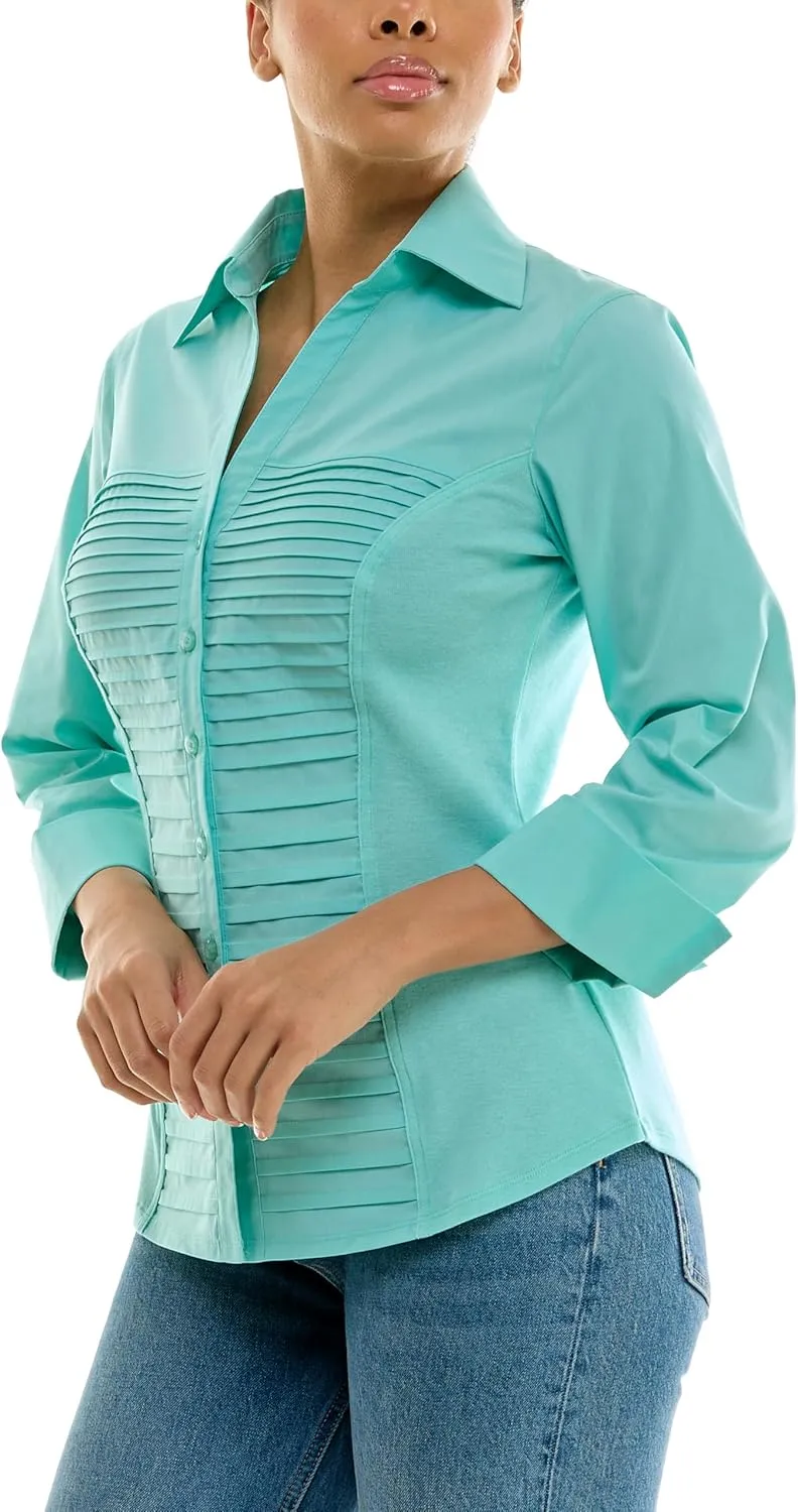 Zac & Rachel Women's 3/4 Cuff Sleeve Button Down Top with Ribbed Knit Inserts for a Comfortable Fit