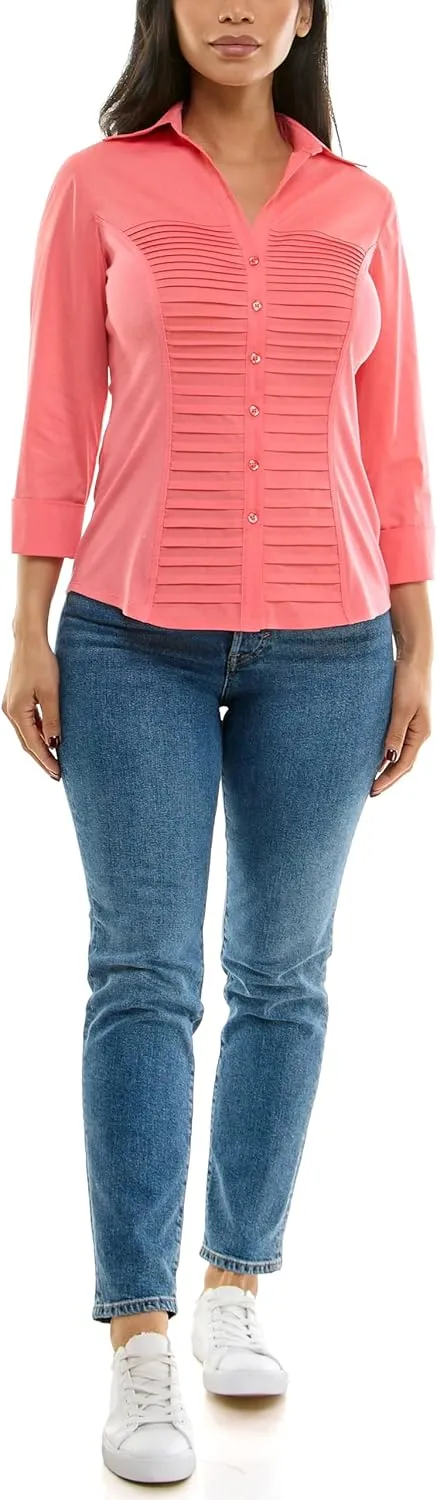 Zac & Rachel Women's 3/4 Cuff Sleeve Button Down Top with Ribbed Knit Inserts for a Comfortable Fit