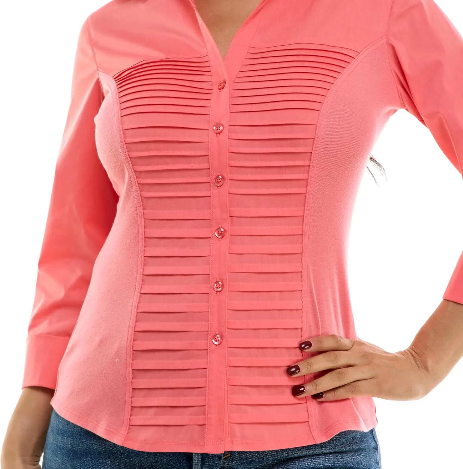Zac & Rachel Women's 3/4 Cuff Sleeve Button Down Top with Ribbed Knit Inserts for a Comfortable Fit