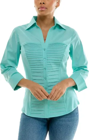 Zac & Rachel Women's 3/4 Cuff Sleeve Button Down Top with Ribbed Knit Inserts for a Comfortable Fit