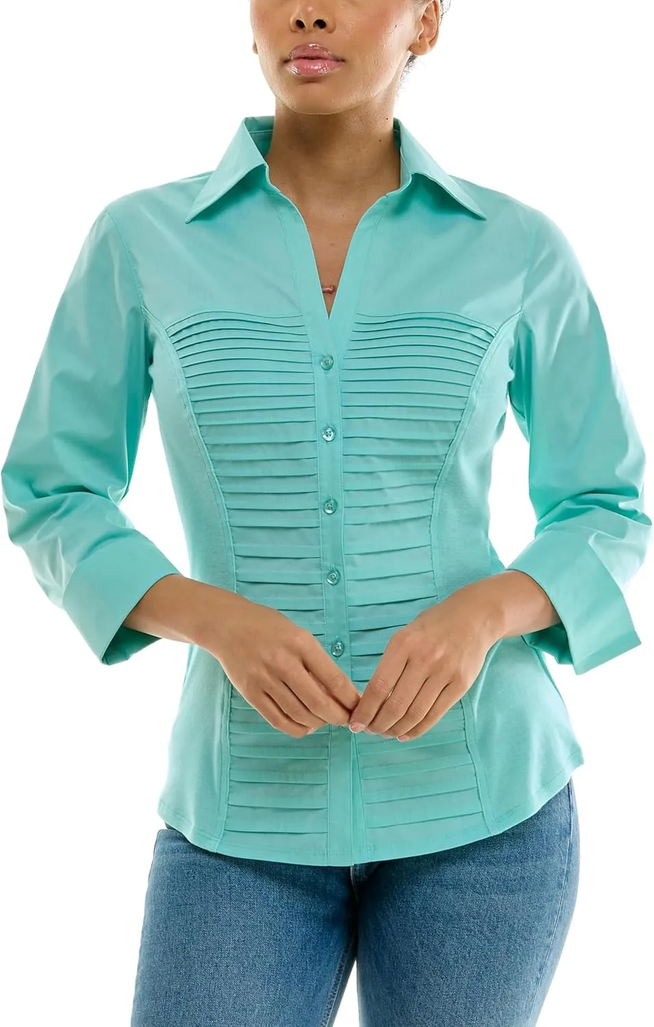 Zac & Rachel Women's 3/4 Cuff Sleeve Button Down Top with Ribbed Knit Inserts for a Comfortable Fit