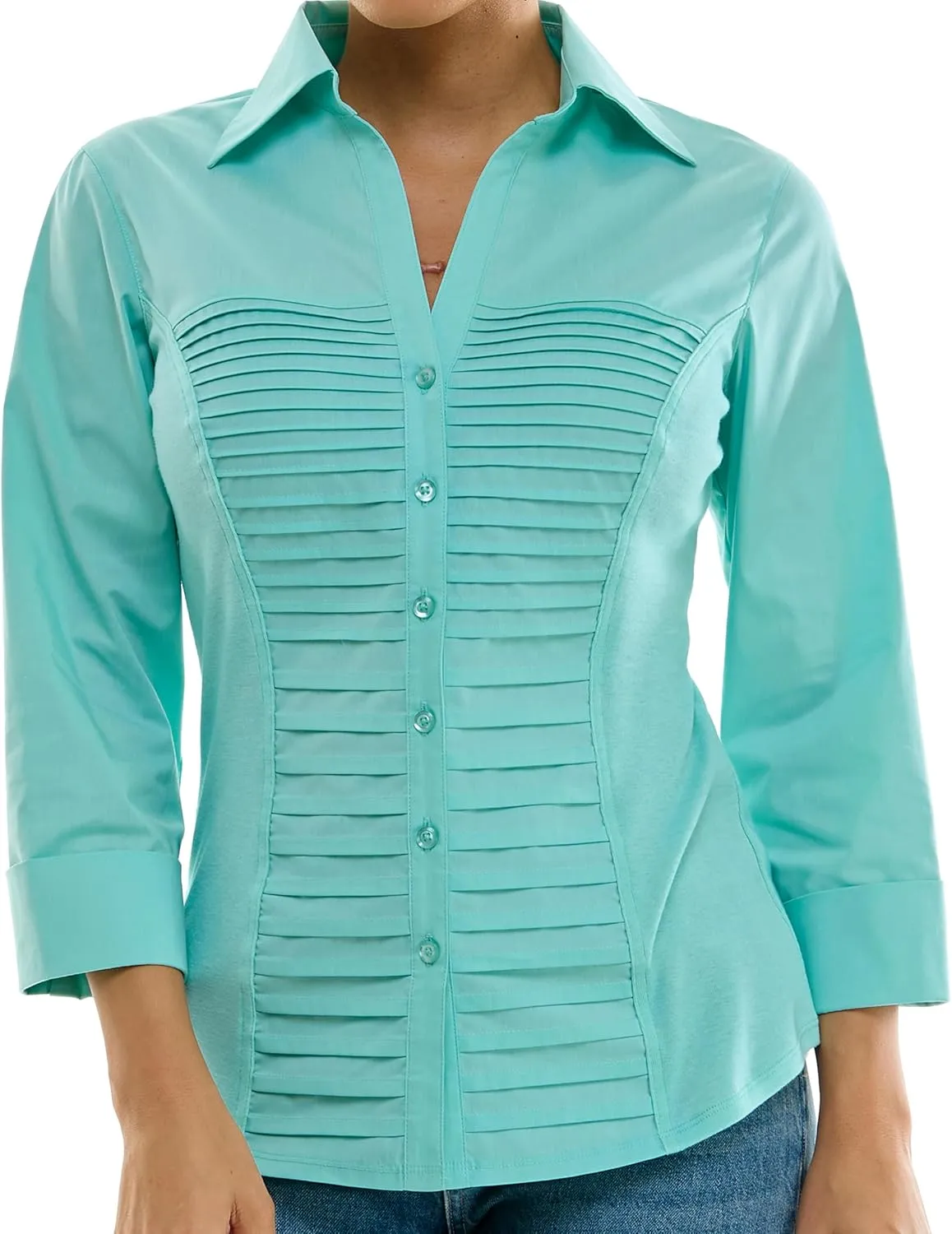 Zac & Rachel Women's 3/4 Cuff Sleeve Button Down Top with Ribbed Knit Inserts for a Comfortable Fit