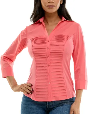 Zac & Rachel Women's 3/4 Cuff Sleeve Button Down Top with Ribbed Knit Inserts for a Comfortable Fit