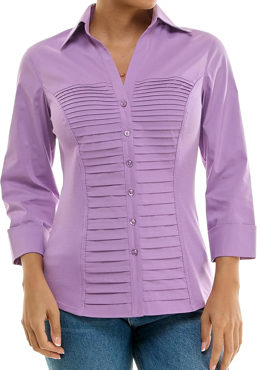 Zac & Rachel Women's 3/4 Cuff Sleeve Button Down Top with Ribbed Knit Inserts for a Comfortable Fit