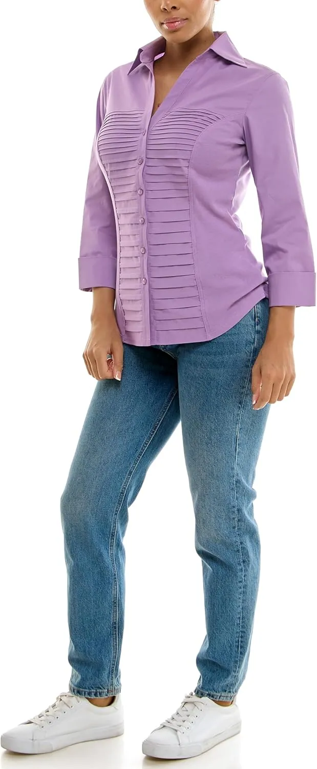 Zac & Rachel Women's 3/4 Cuff Sleeve Button Down Top with Ribbed Knit Inserts for a Comfortable Fit