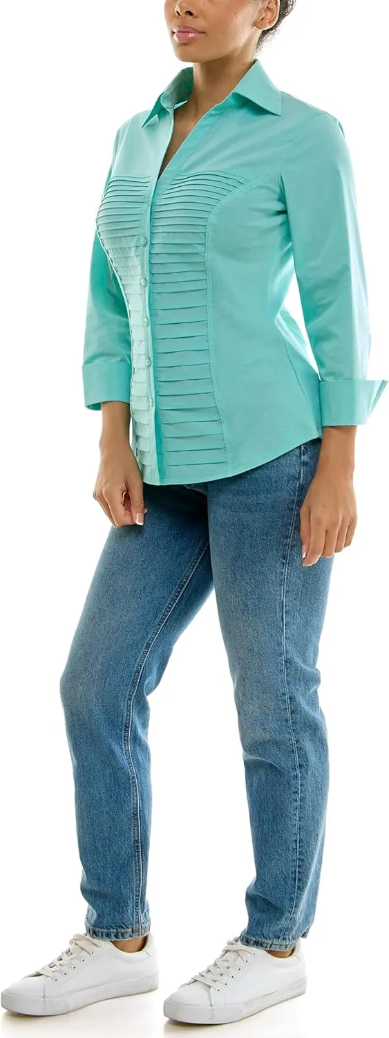 Zac & Rachel Women's 3/4 Cuff Sleeve Button Down Top with Ribbed Knit Inserts for a Comfortable Fit