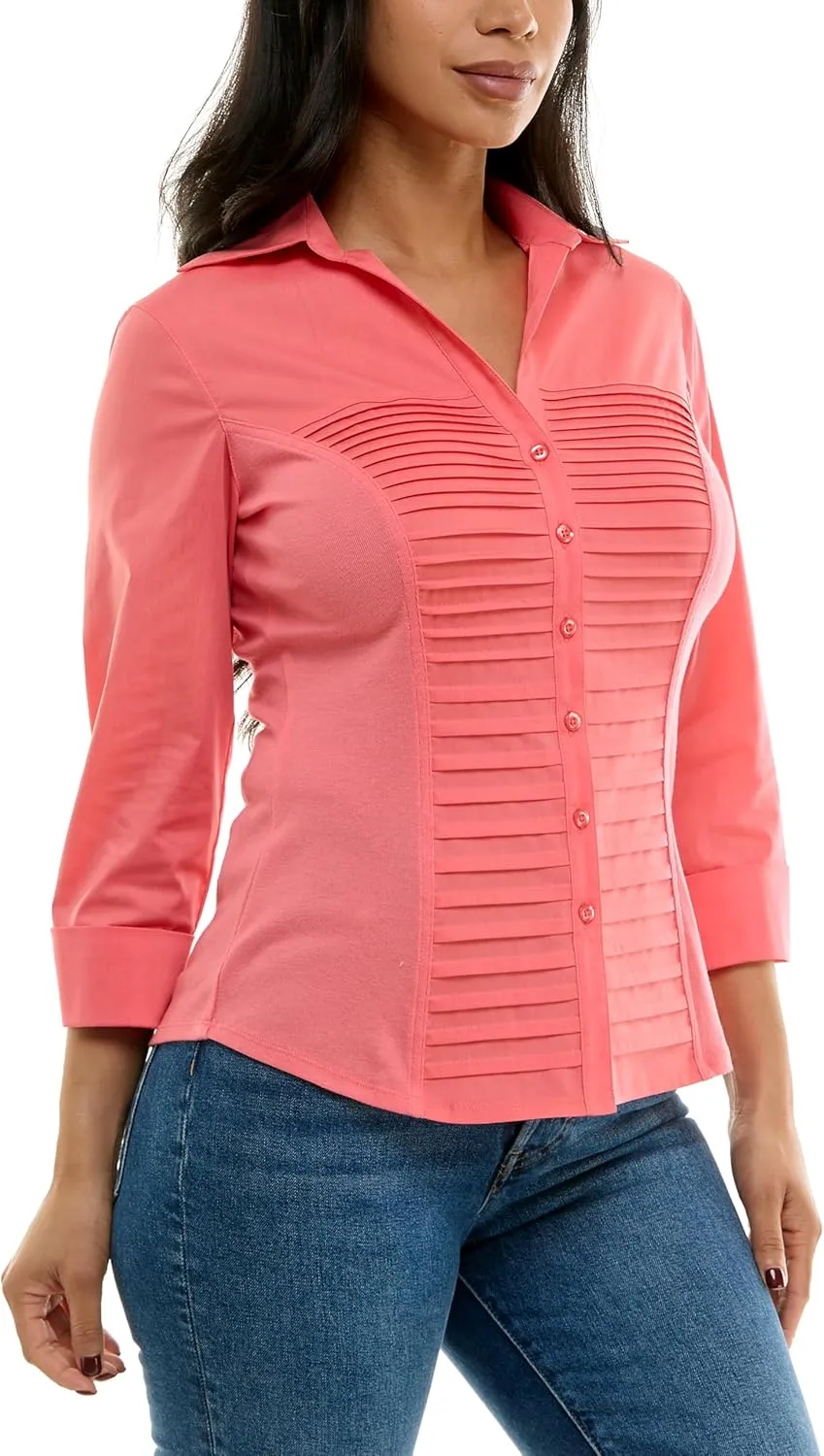 Zac & Rachel Women's 3/4 Cuff Sleeve Button Down Top with Ribbed Knit Inserts for a Comfortable Fit