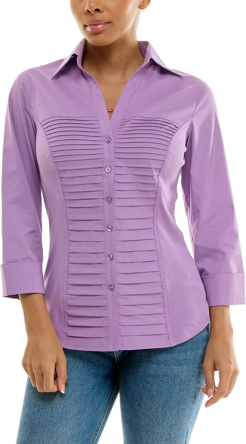 Zac & Rachel Women's 3/4 Cuff Sleeve Button Down Top with Ribbed Knit Inserts for a Comfortable Fit