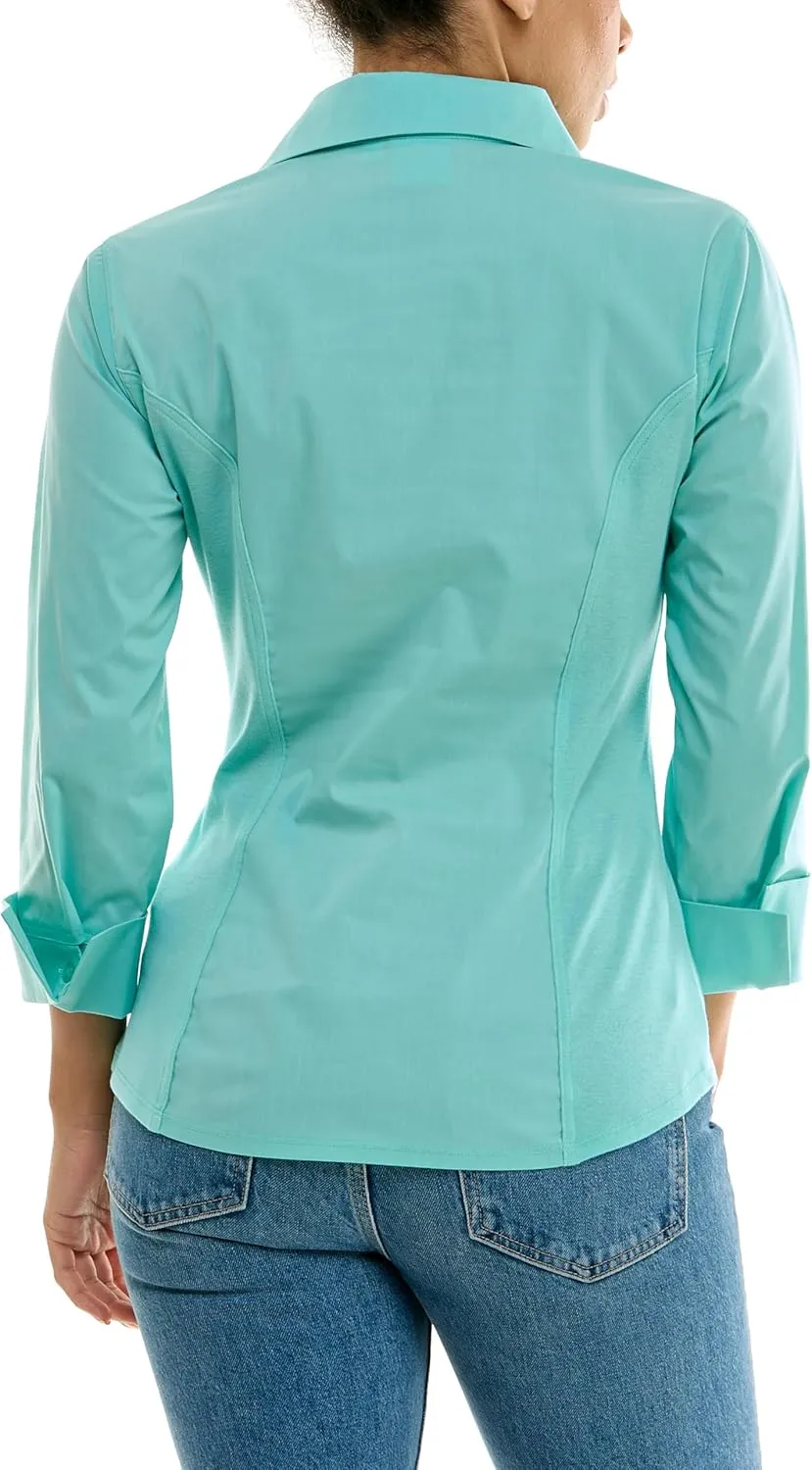 Zac & Rachel Women's 3/4 Cuff Sleeve Button Down Top with Ribbed Knit Inserts for a Comfortable Fit