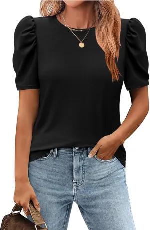 Zeagoo Blouse for Women Dressy Casual Puff Short Sleeve Boho Tops Fashion Floral Crew Neck Tunic Shirts Summer Clothes