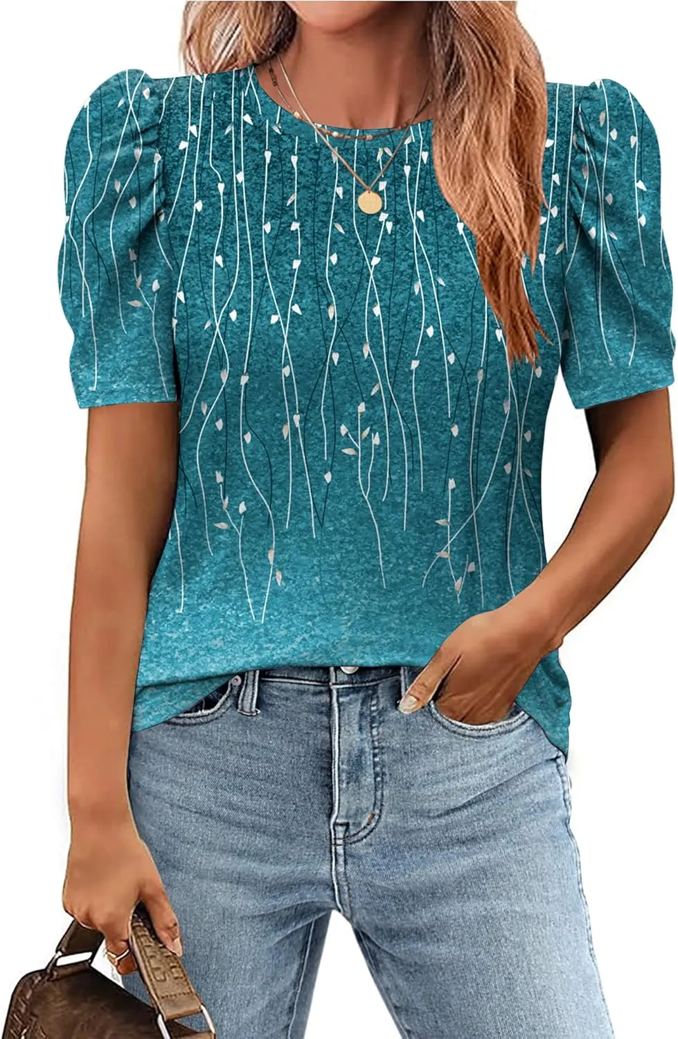 Zeagoo Blouse for Women Dressy Casual Puff Short Sleeve Boho Tops Fashion Floral Crew Neck Tunic Shirts Summer Clothes