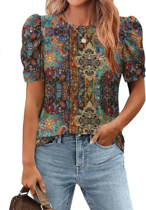 Zeagoo Blouse for Women Dressy Casual Puff Short Sleeve Boho Tops Fashion Floral Crew Neck Tunic Shirts Summer Clothes