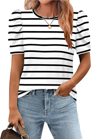 Zeagoo Blouse for Women Dressy Casual Puff Short Sleeve Boho Tops Fashion Floral Crew Neck Tunic Shirts Summer Clothes