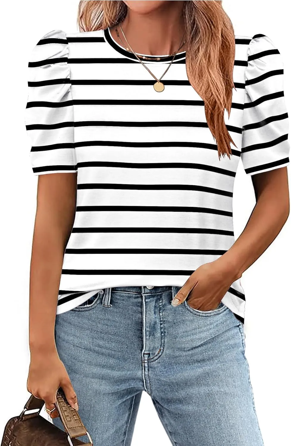 Zeagoo Blouse for Women Dressy Casual Puff Short Sleeve Boho Tops Fashion Floral Crew Neck Tunic Shirts Summer Clothes