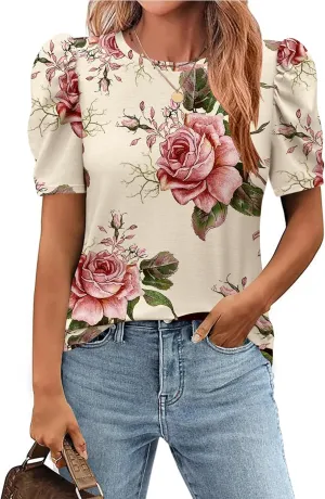 Zeagoo Blouse for Women Dressy Casual Puff Short Sleeve Boho Tops Fashion Floral Crew Neck Tunic Shirts Summer Clothes