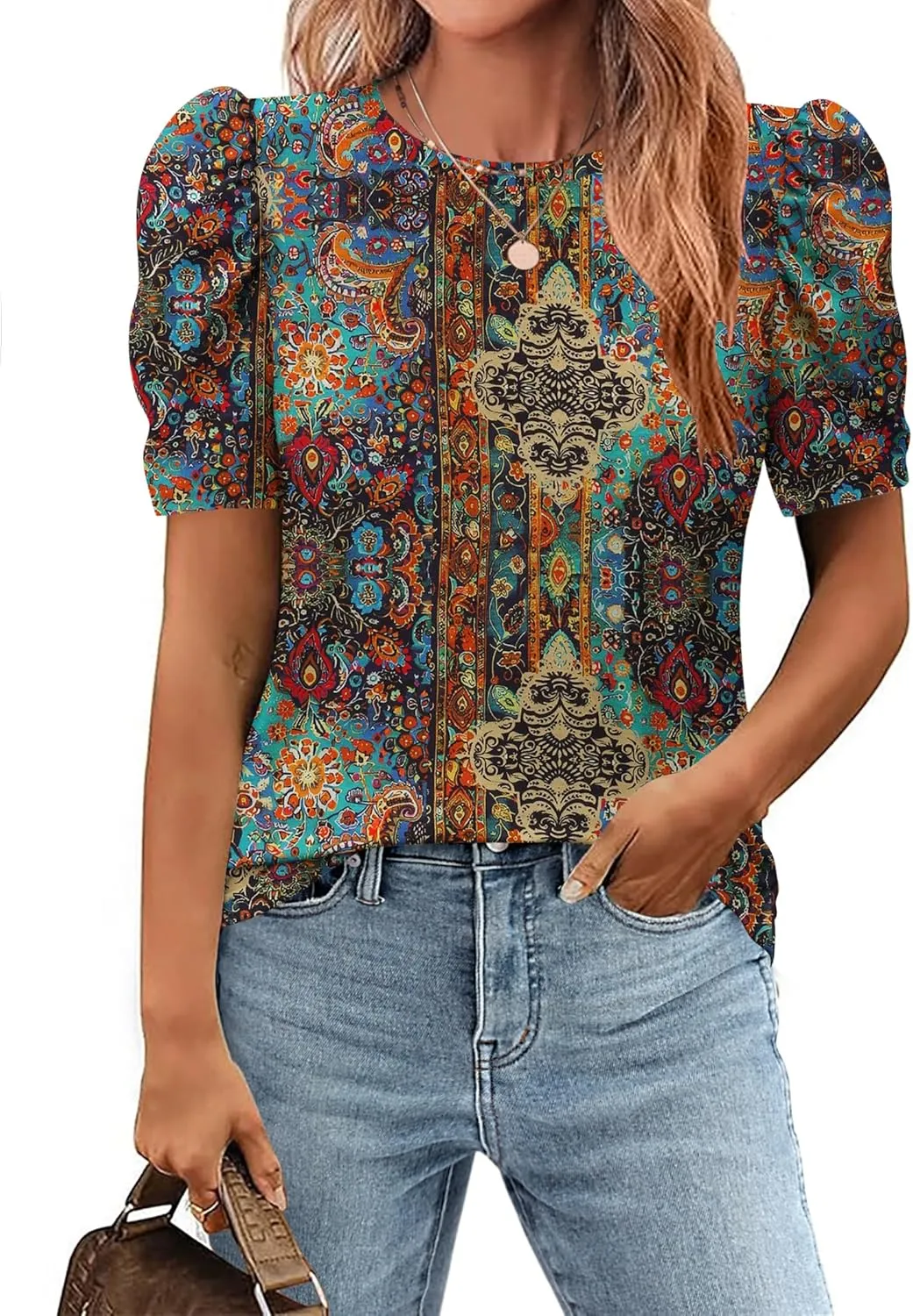 Zeagoo Blouse for Women Dressy Casual Puff Short Sleeve Boho Tops Fashion Floral Crew Neck Tunic Shirts Summer Clothes