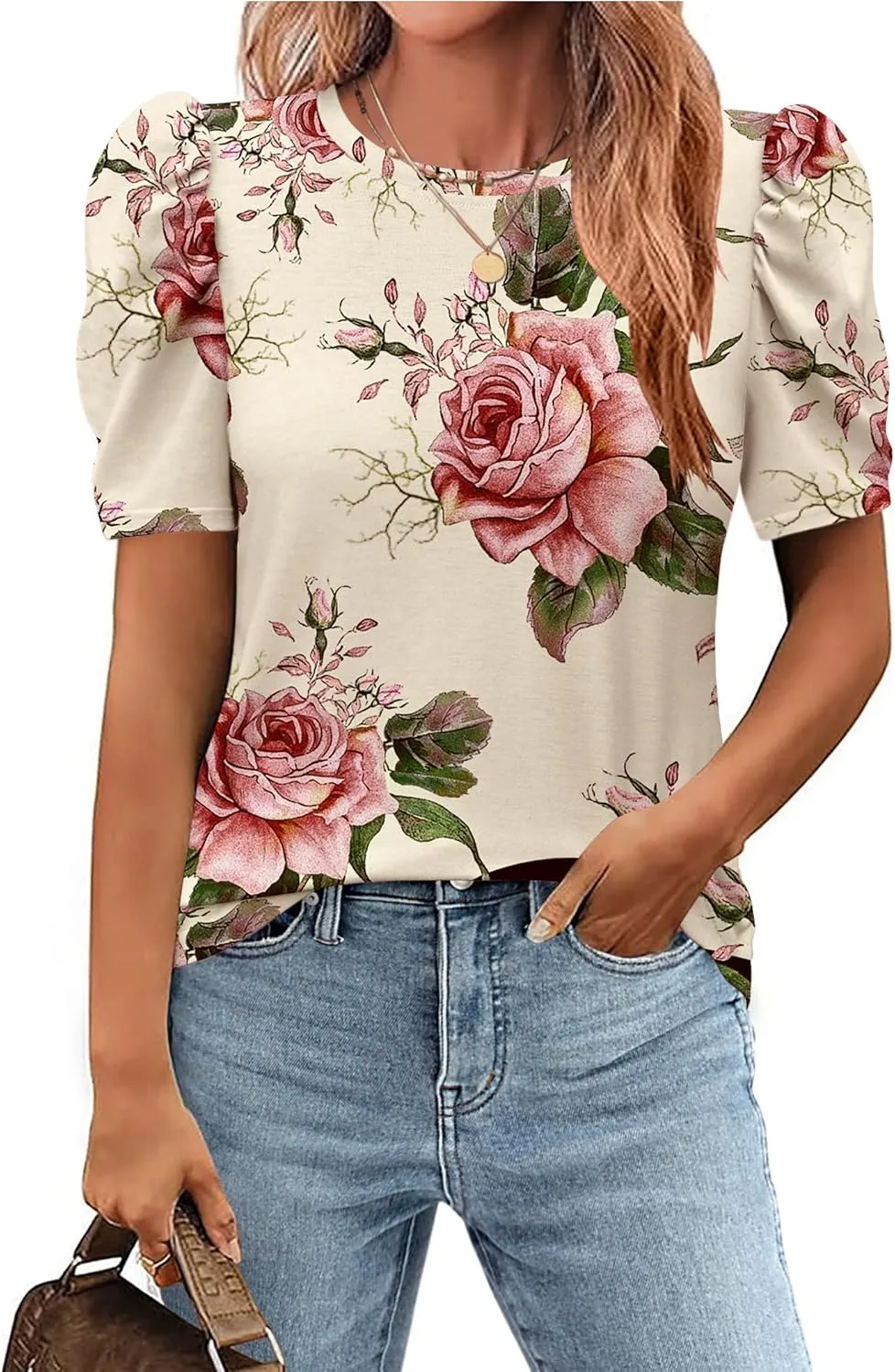 Zeagoo Blouse for Women Dressy Casual Puff Short Sleeve Boho Tops Fashion Floral Crew Neck Tunic Shirts Summer Clothes