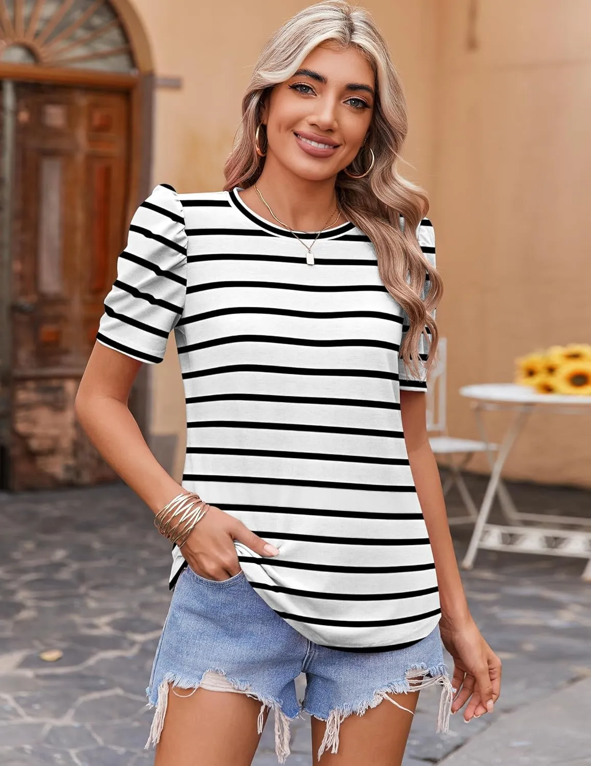 Zeagoo Blouse for Women Dressy Casual Puff Short Sleeve Boho Tops Fashion Floral Crew Neck Tunic Shirts Summer Clothes