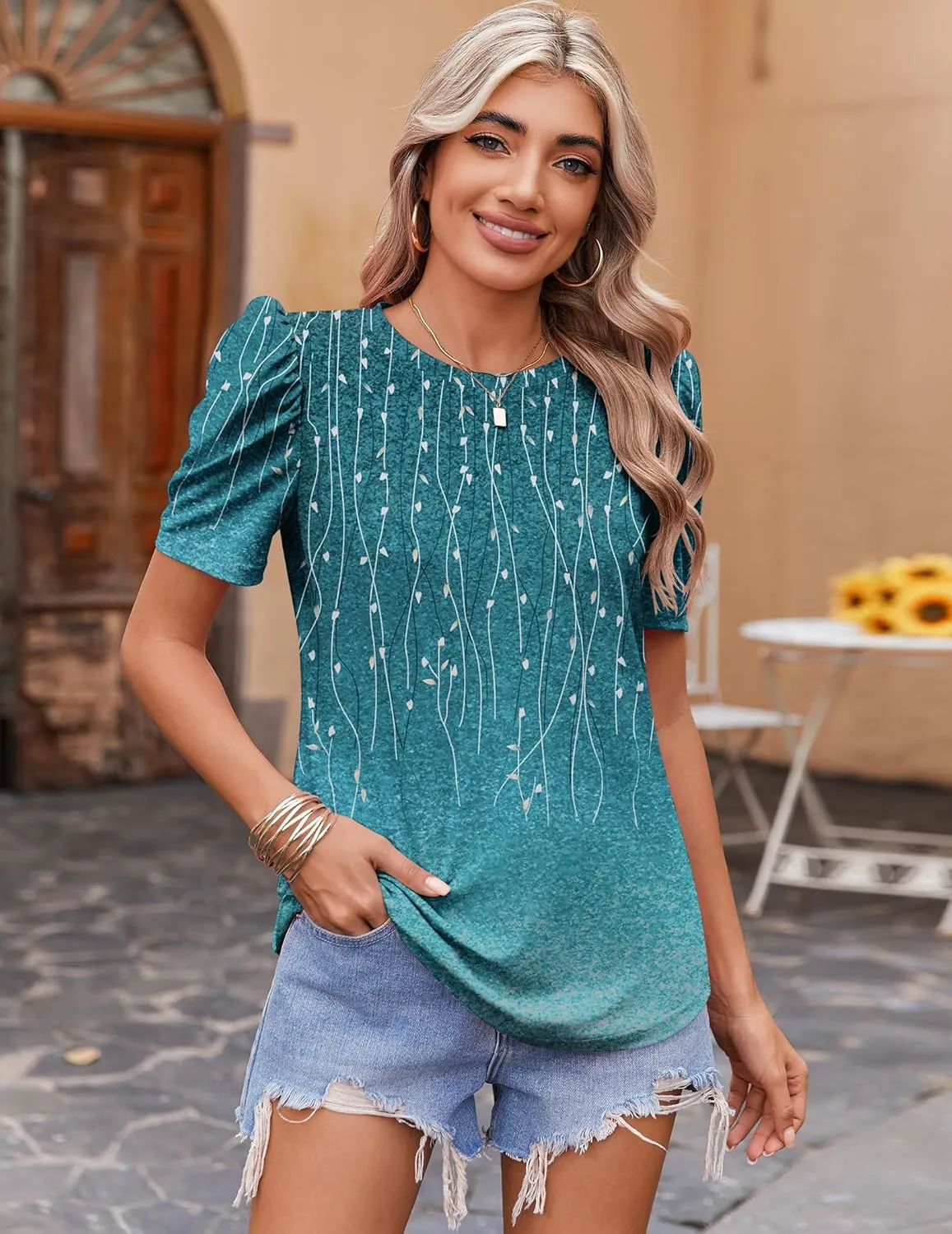 Zeagoo Blouse for Women Dressy Casual Puff Short Sleeve Boho Tops Fashion Floral Crew Neck Tunic Shirts Summer Clothes