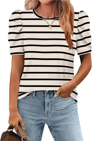 Zeagoo Blouse for Women Dressy Casual Puff Short Sleeve Boho Tops Fashion Floral Crew Neck Tunic Shirts Summer Clothes