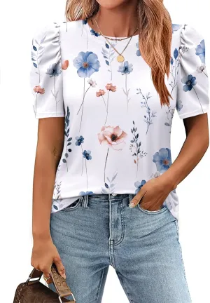 Zeagoo Blouse for Women Dressy Casual Puff Short Sleeve Boho Tops Fashion Floral Crew Neck Tunic Shirts Summer Clothes
