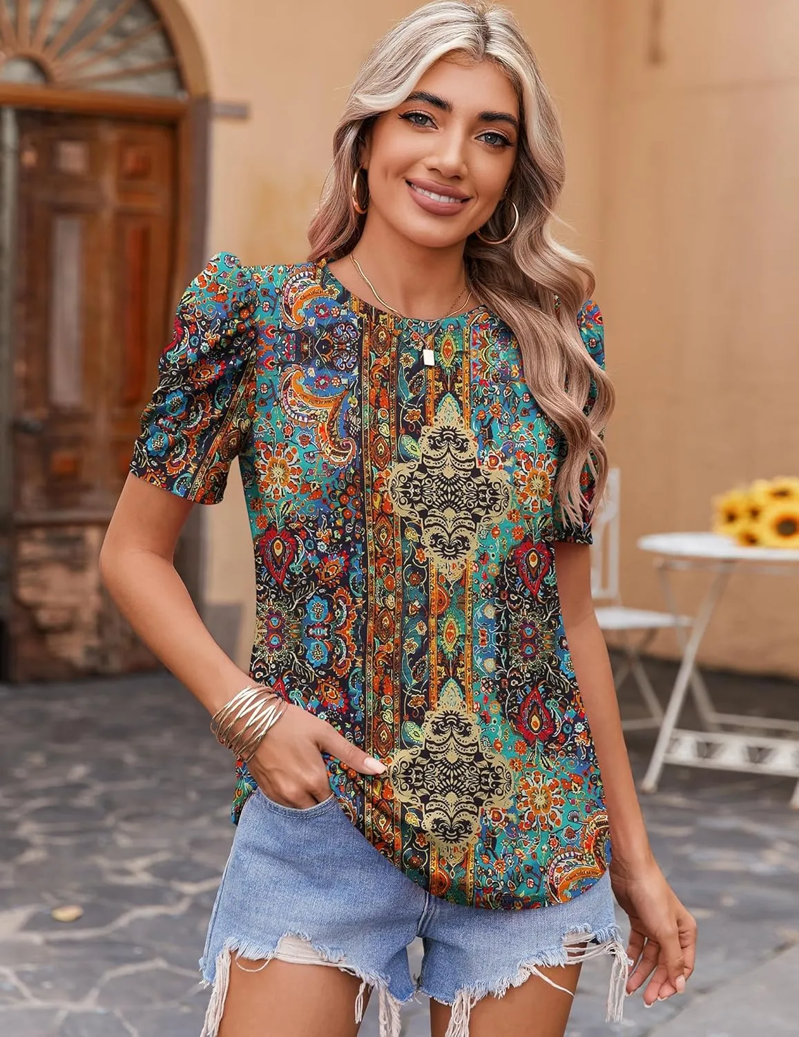 Zeagoo Blouse for Women Dressy Casual Puff Short Sleeve Boho Tops Fashion Floral Crew Neck Tunic Shirts Summer Clothes