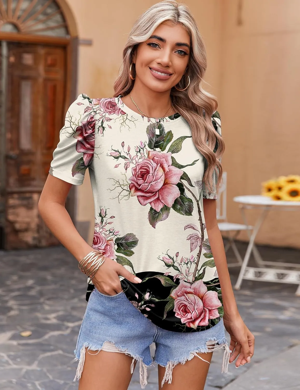 Zeagoo Blouse for Women Dressy Casual Puff Short Sleeve Boho Tops Fashion Floral Crew Neck Tunic Shirts Summer Clothes