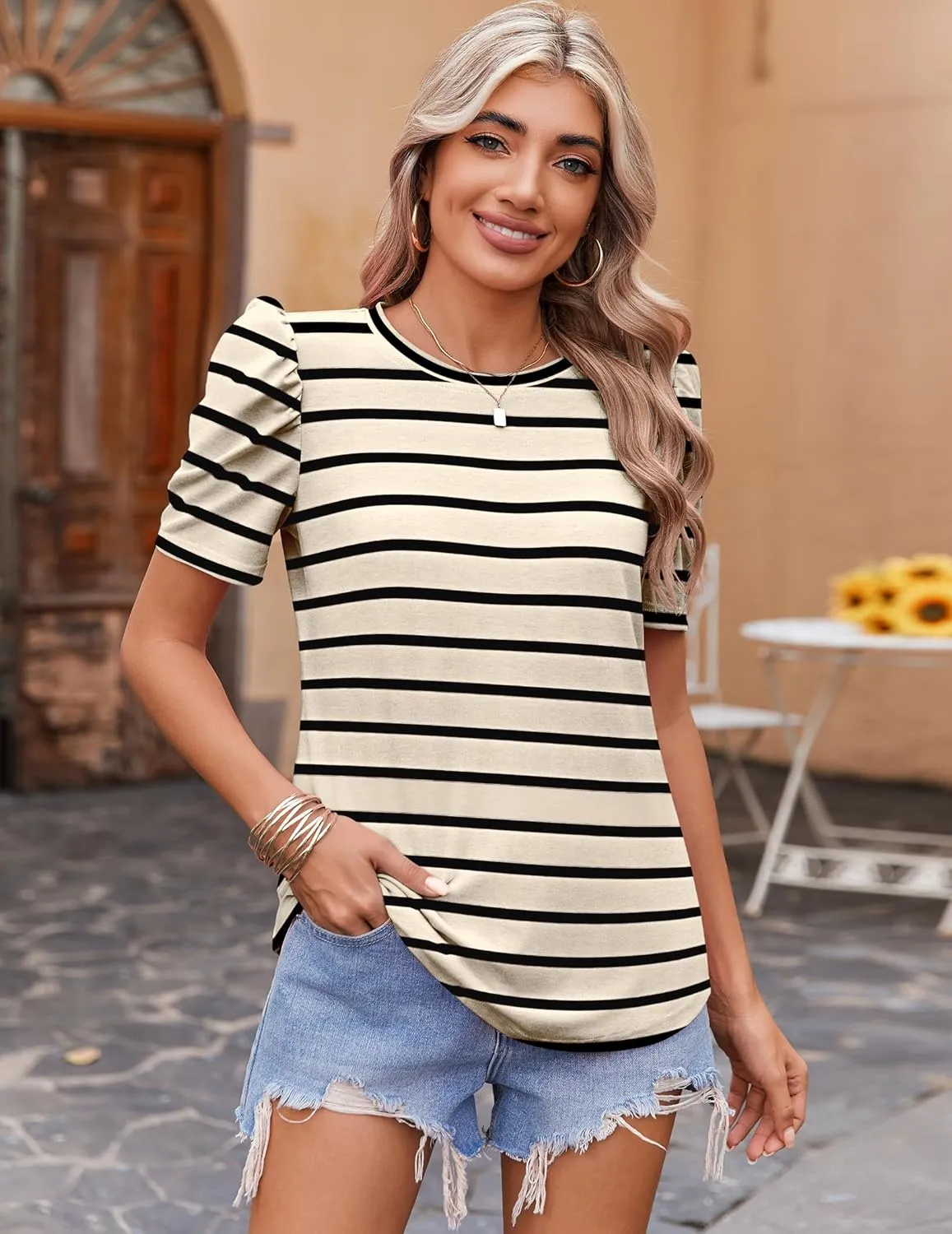 Zeagoo Blouse for Women Dressy Casual Puff Short Sleeve Boho Tops Fashion Floral Crew Neck Tunic Shirts Summer Clothes
